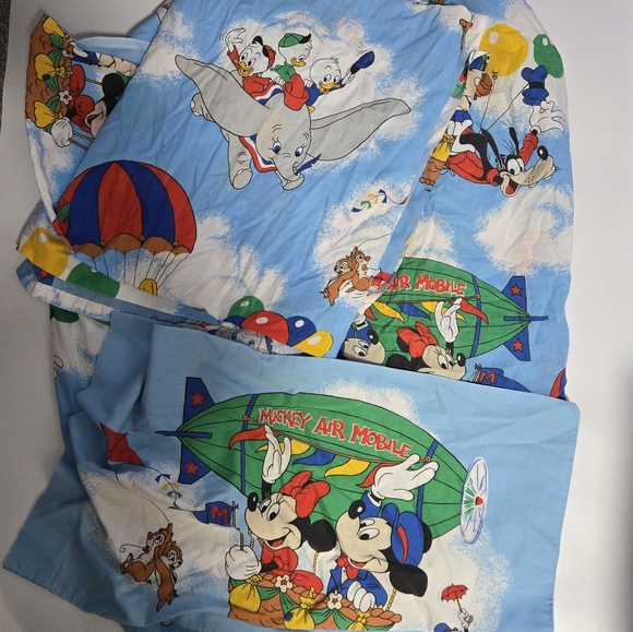 Vintage Disney Mickey Air Mobile Twin Sheet Set Pillowcase 80s 90s Retro Fabric - Picture 1 of 15